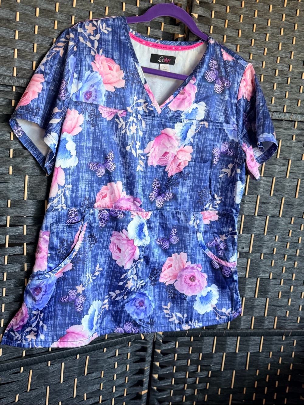 Koi Lite Floral V-Neck Scrub Top in Navy and Pink
